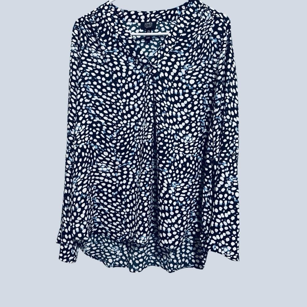Jones Signature Navy Blue White Long Sleeve Office Career Work Top Blouse Size L